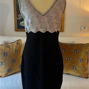 St. John Black and Cream Wave Pattern Midi Dress